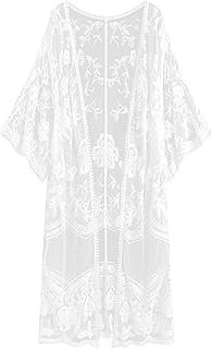 Women's Lace Cardigan Floral Crochet Sheer Beach Cover Ups Long Kimono