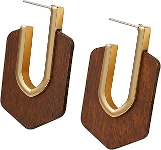 Geometric Gold and Wood Earrings for Women,Boho Retro Natural Wooden Rou...