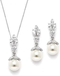 Mariell Ivory Pearl Necklace and Drop Earrings Bridal and Wedding Jewelr...