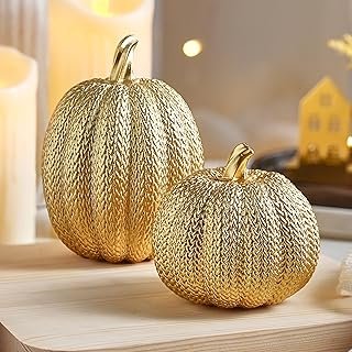Pumpkin Fall Decor Indoor - Gold Pumpkin for Decorating, 2Pcs Resin Pump...