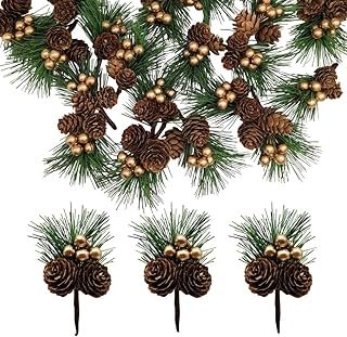 20 PCS Pine Needles Branches with Gold Berry Stems Mini Pinecone Picks f...