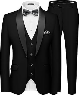 Men's Slim Fit 3 Piece Suit One Button Solid Shawl Lapel Blazer Jacket V...