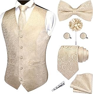 Formal Men Vest Paisley Floral Jacquard Tie Waistcoat Bow tie Hanky Lape...