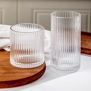 Ribbed Drinking Glasses 8pcs, 12oz and 10oz Glassware, Tumbler Glasses C...
