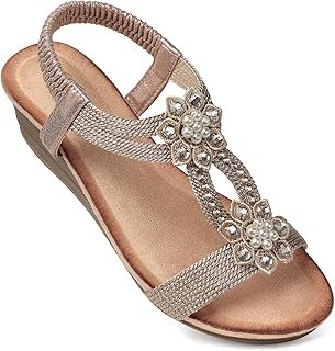 Womens Wedge Sandals Flower Low Heel Dressy Sandals Elastic Ankle Strap ...