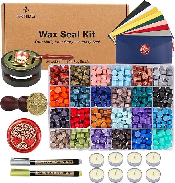 TRINIDa Wax Seal Kit, Premium Wax Seal Stamp Kit with 24 Colors 624 Pcs ...