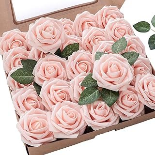Floroom Artificial Flowers 25pcs Real Looking Blush Foam Fake Roses with...