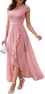 Women's V-Neck Dress for Women Wedding Guest Hi-Lo Floral Lace Prom Cock...