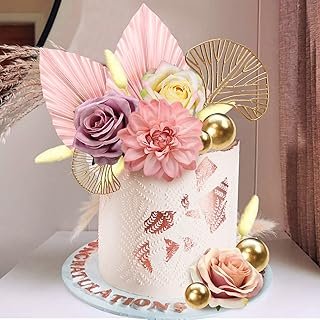 Boho Cake Topper Flower Cake Topper Pink Palm Leaves Cake Decorations wi...