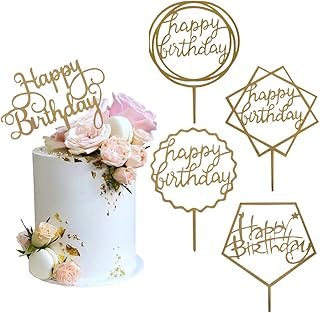 Gold Cake Topper Acrylic Happy Birthday Cake Decoration Supplies (5 Pieces)