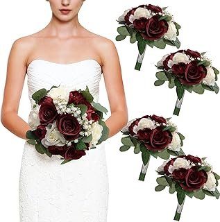 Set of 4 Bridesmaid Bouquets, 11 Inch Wedding Bouquets for Bridesmaids A...
