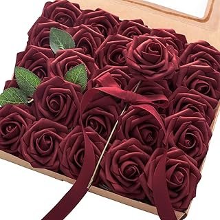 Floroom Artificial Flowers 25pcs Real Looking Burgundy Foam Fake Roses w...