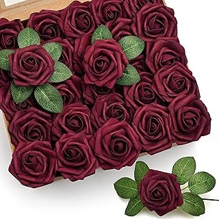 Mocoosy 50Pcs Burgundy Roses Artificial Flower, Burgundy Fake Roses for ...