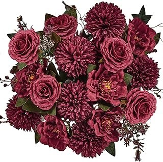 Premium Burgundy Silk Flowers Bouquet, Artificial Floral Arrangements, F...