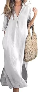 utcoco Womens Cotton Linen Maxi Dresses Casual Loose Fit V Neck 3/4 Slee...