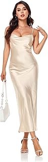 Women's Spaghetti Strap Midi Satin Silk Dresses Slip Cowl Neck Party Coc...
