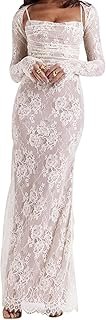 Women Vintage Cream Lace Maxi Dress Romantic Long Sleevees Lace Bodycon ...