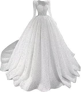 Beaded Sequin Wedding Dress for Bride Sparkly Long Sleeves Bridal Ball G...