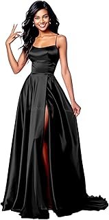 Spaghetti Strap Satin Prom Dresses Ball Gowns for Women Formal Slit Brid...