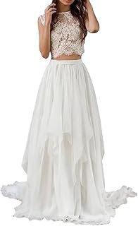 Women's Boho Short Sleeves Lace Wedding Dress Two Piece Scoop Neck Asymm...