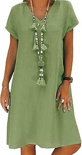 Women's Green Cotton Linen Knee-Length Summer Beach Dress with Pockets