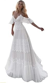 Women's Wedding Dresses Chic Lace Evening Dresses V Neck Ruffle Sleeves ...