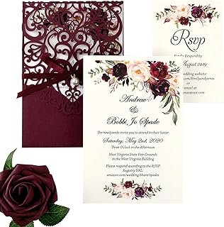 5X7.2 Inch 50PCS Personalized Laser Cut Burgundy Wedding Invitations wit...