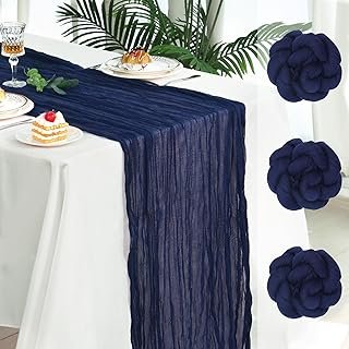 Fixwal 3 Pack Navy Blue Cheesecloth Table Runners, Pleated Boho Gauze Ta...