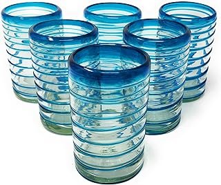 Hand Blown Mexican Drinking Glasses – Set of 6 Glasses with an Aqua Spir...