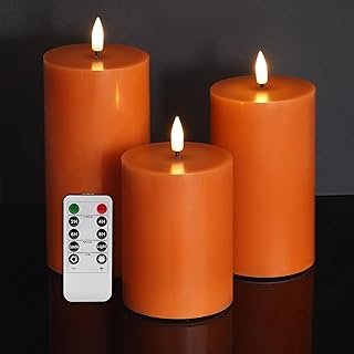 Burnt Orange Flameless Pillar Candles with Remote, Halloween Fall LED Ca...