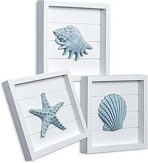 TideAndTales Blue Seashells and Starfish (Framed Set of 3) Coastal 3D Wa...