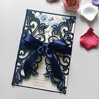 25PCS Pearl Navy Blue Laser Cut Wedding Invitations Cards with Envelopes...