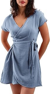 Womens Cotton Gauze Summer Casual Short Sleeve V Neck Wrap Mini Dress