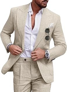 Linen Men Suit Set Casual Tuxedo 2 Piece Regular Fit Blazer One Button S...