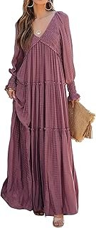 Maxi Dress for Women Long Sleeve V Neck Empire Waist Layered Ruffle Boho...