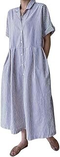 chouyatou Women's Cotton Striped Shirt Dress Button Up Short Sleeve Midi...