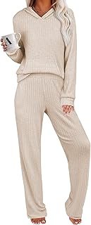 ANRABESS Women's 2 Piece Lounge Pajama Sets Ribbed Knit Long Sleeve Hood...