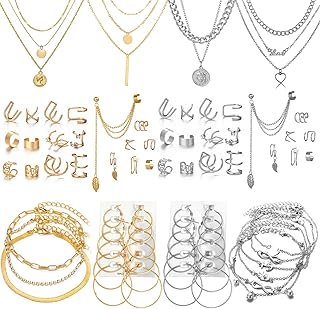 60 PCS Gold Jewelry Set with Multi-Layered Bracelet Necklace, Dangle Ear...