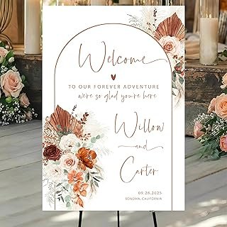 Boho Wedding Welcome Sign – Burnt Orange Floral Signage, Modern Fall Wed...
