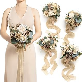 Ling's moment Bridesmaid Bouquet Set of 4, Oatmeal Beige Wedding Bouquet...