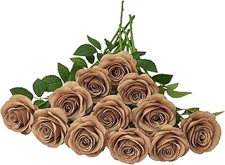 12pcs Coffee Roses Artificial Flowers Fake Roses Silk Flowers Roses with...