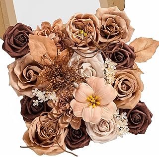 Serwalin Artificial Flowers,Brown & Apricot Fake Silk Flowers for DIY We...
