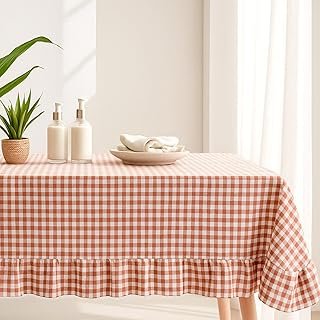 Brown Plaid Ruffled Table Cloth Cotton Linen Rectangle Gingham Tableclot...