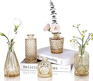 Amber Glass Bud Vases Set of 5, Gold Flower Vase for Centerpieces, Small...