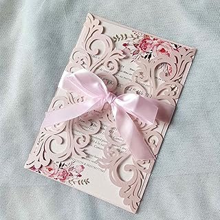 25PCS Blush Pink Laser Cut Wedding Invitations Cards with Envelopes,Blan...