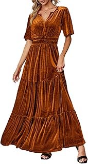 Women's Velvet Short Sleeve V Neck Formal Wedding Guest Maxi Dresses Fal...