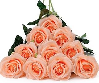 DuHouse 10pcs Fake Roses Artificial Silk Flowers Long Stems Bouquet for ...